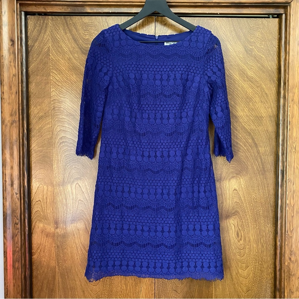 Eliza J Size 4 Blue Crochet Eyelet Shift A-Line Midi Dress Zipper 3/4 Sleeve